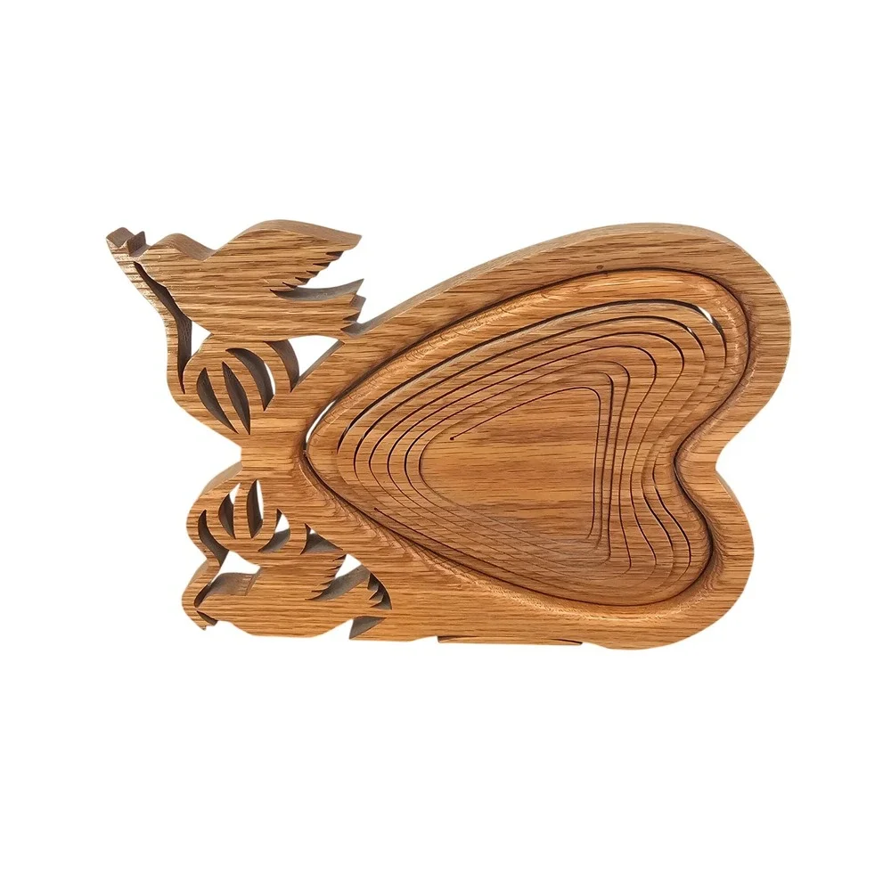 Handcrafted Collapsible Wooden Heart Fruit Basket Bird Motif Trivet Bowl